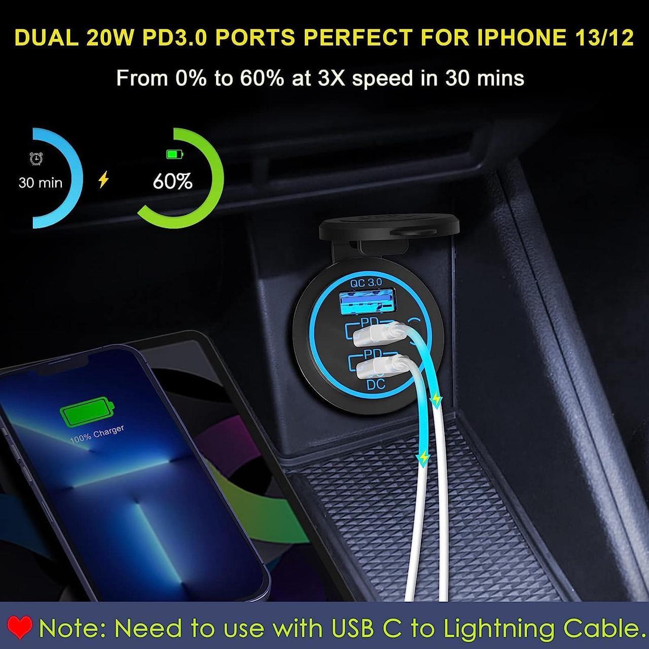 Alt view image 3 of 7 - 12V USB Outlet USB C Car Charger Socket  Newest 58W Lengthened RV USB Outlet 12V Socket Dual 20W PD3.0 USB-C and 18W QC3.0 Car USB Port with Button Power Switch for Car Boat Marine RV Motorcycle