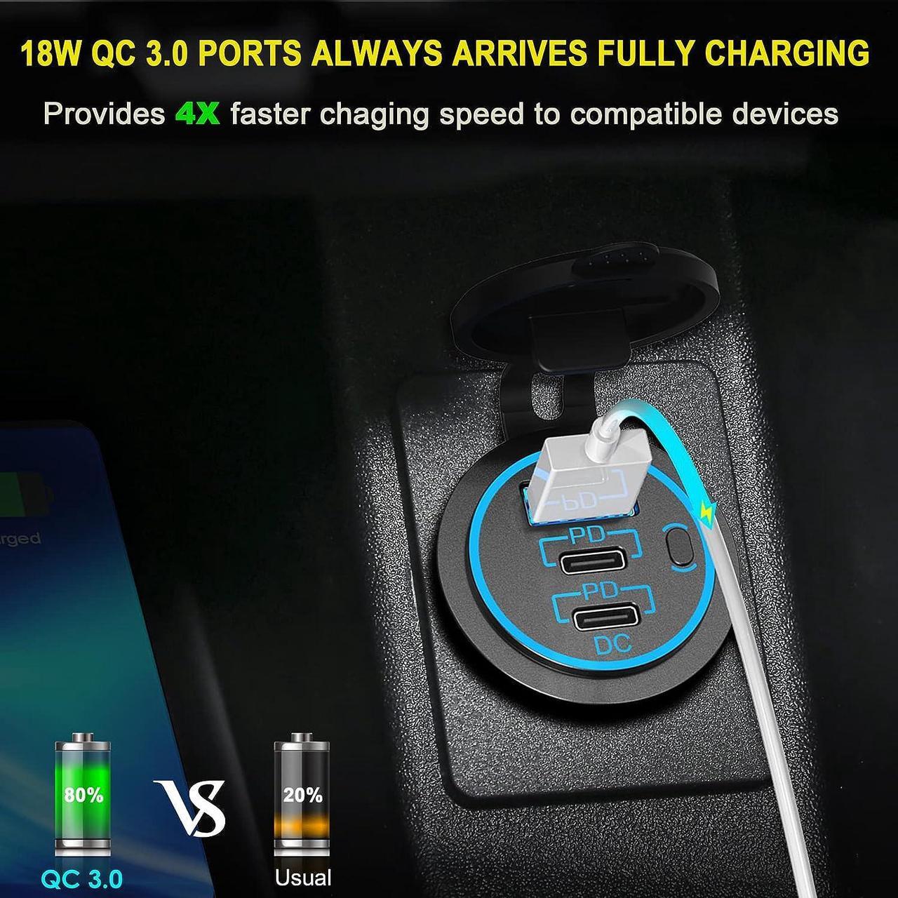 Alt view image 4 of 7 - 12V USB Outlet USB C Car Charger Socket  Newest 58W Lengthened RV USB Outlet 12V Socket Dual 20W PD3.0 USB-C and 18W QC3.0 Car USB Port with Button Power Switch for Car Boat Marine RV Motorcycle
