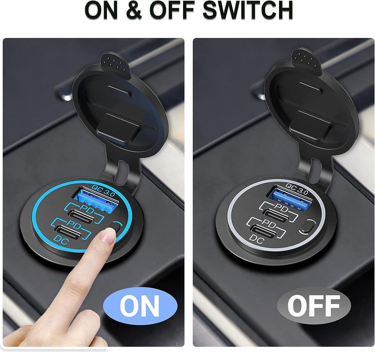 Alt view image 5 of 7 - 12V USB Outlet USB C Car Charger Socket  Newest 58W Lengthened RV USB Outlet 12V Socket Dual 20W PD3.0 USB-C and 18W QC3.0 Car USB Port with Button Power Switch for Car Boat Marine RV Motorcycle