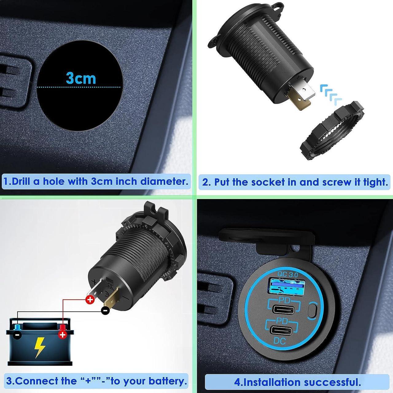 Alt view image 7 of 7 - 12V USB Outlet USB C Car Charger Socket  Newest 58W Lengthened RV USB Outlet 12V Socket Dual 20W PD3.0 USB-C and 18W QC3.0 Car USB Port with Button Power Switch for Car Boat Marine RV Motorcycle