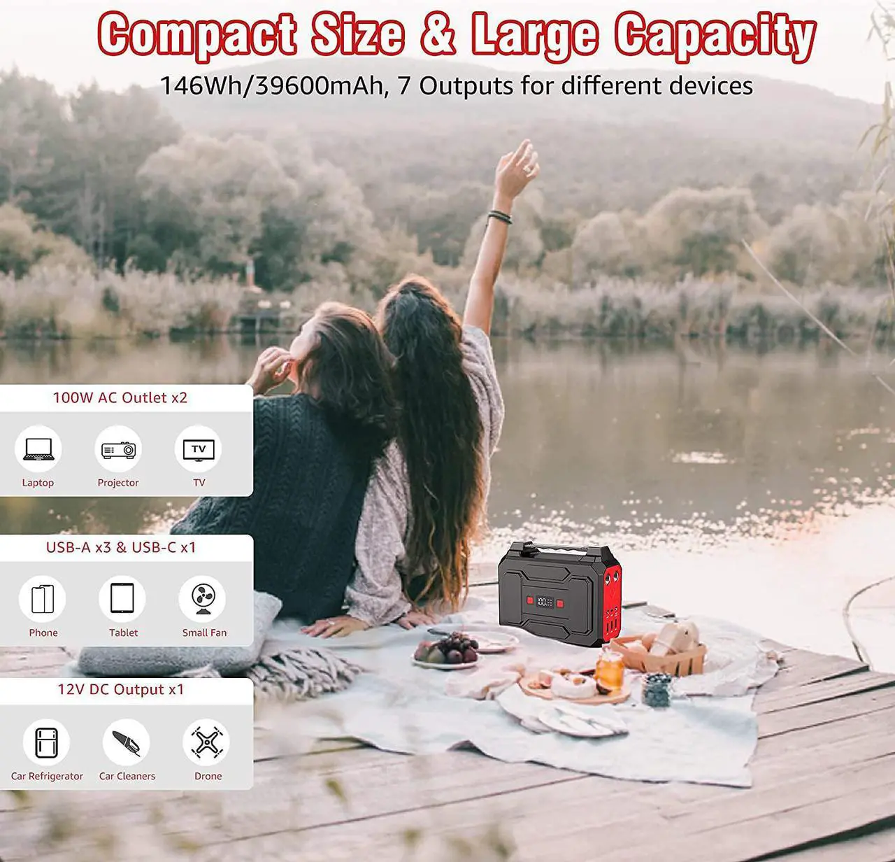 Alt view image 3 of 7 - Apowking Portable Power Bank with AC Outlet, 146Wh/39600mAh 110V/100W Laptop Charger Battery Backup, External Battery Pack Power Supply for Home Emergency Outage, Outdoor Camping RV Trip Adventure