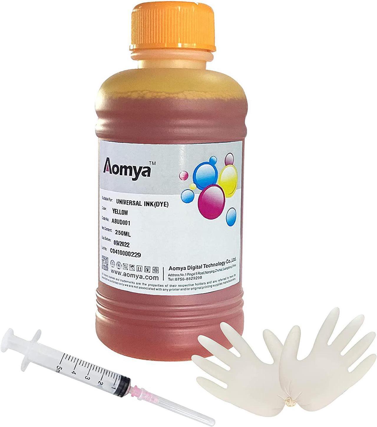 Aomya Yellow Ink Refill Kit 250ml Universal Dye Bulk Ink for Canon HP Epsn Brother Inkjet Printers Refillable Cartridge CISS CIS System (9 oz) with Syringe&Glove