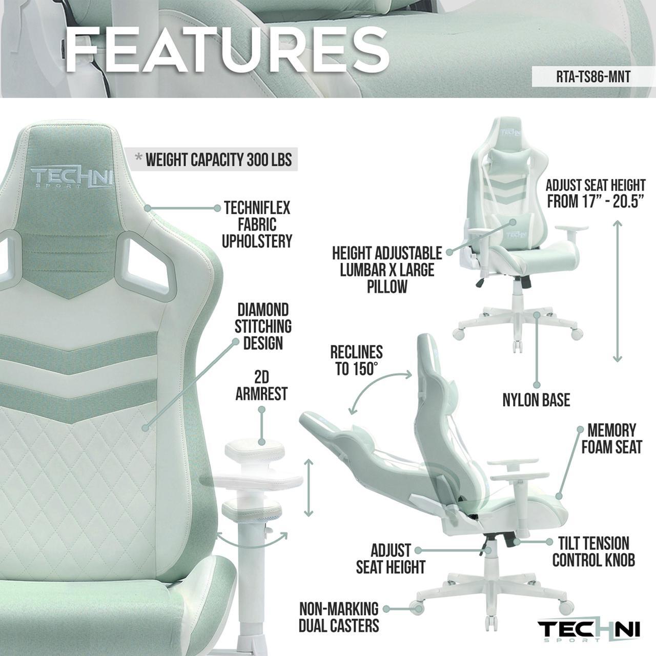 Alt view image 3 of 7 - Techni Sport TS86 Ergonomic Pastel Gaming Chair, Mint