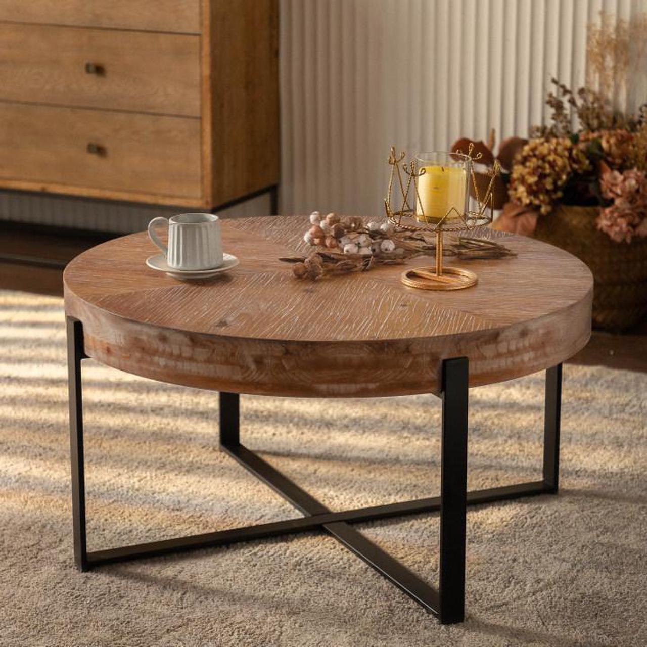 Main image of 33.86"Modern Retro Splicing Round Coffee Table, Fir Wood Table Top with Black Cross Legs Base(Same SKU:W757127347)