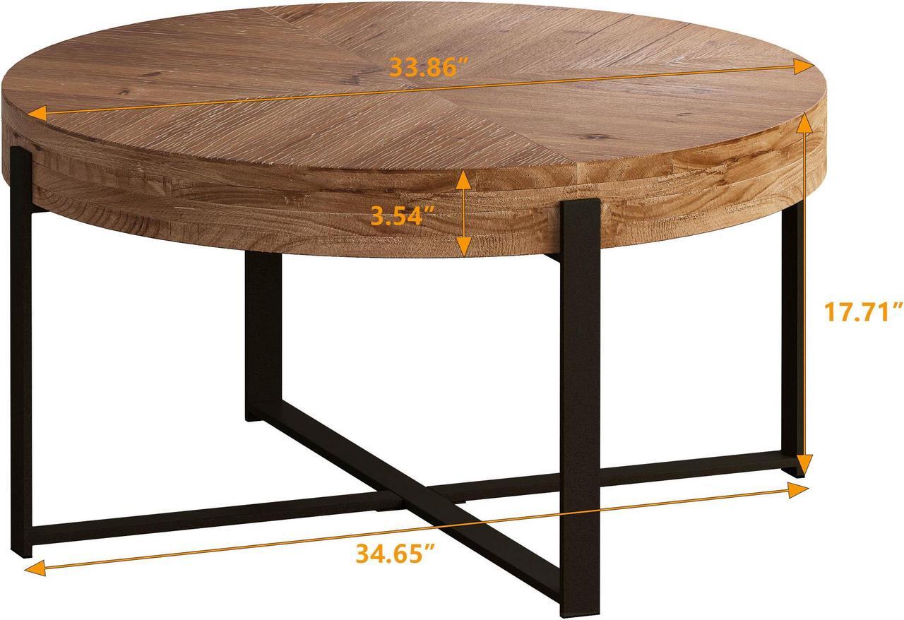 Alt view image 4 of 7 - 33.86"Modern Retro Splicing Round Coffee Table, Fir Wood Table Top with Black Cross Legs Base(Same SKU:W757127347)