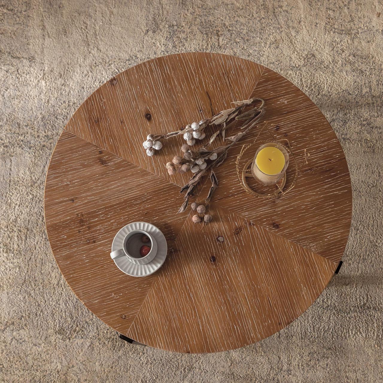 Alt view image 2 of 7 - 33.86"Modern Retro Splicing Round Coffee Table, Fir Wood Table Top with Black Cross Legs Base(Same SKU:W757127347)