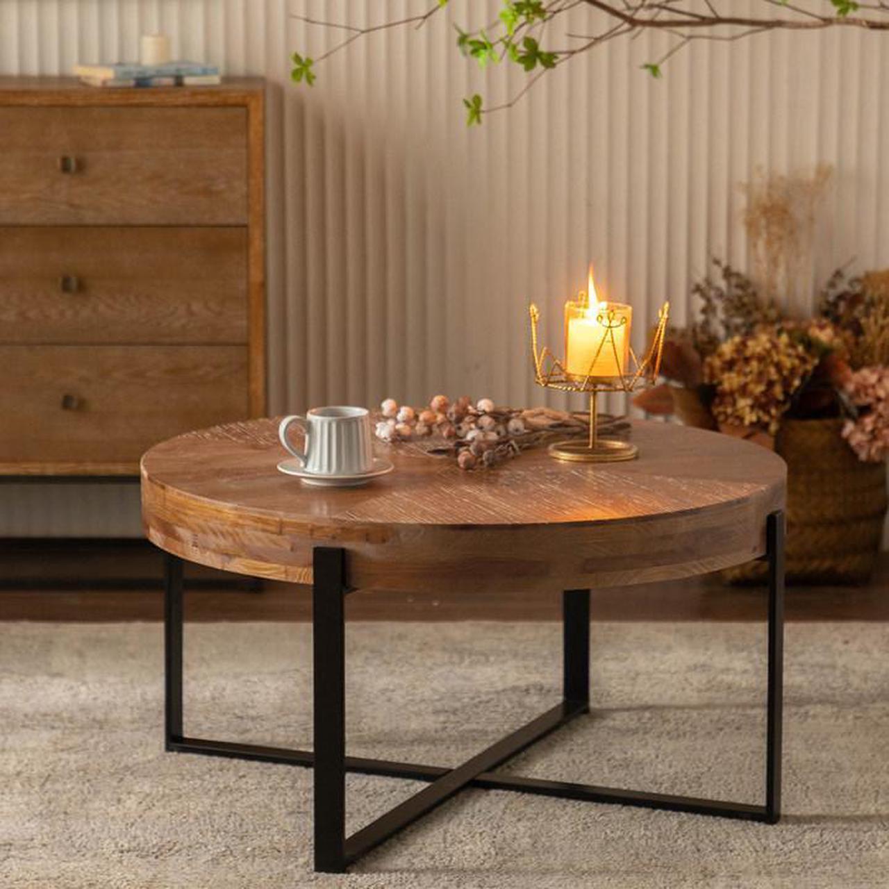 Alt view image 5 of 7 - 33.86"Modern Retro Splicing Round Coffee Table, Fir Wood Table Top with Black Cross Legs Base(Same SKU:W757127347)