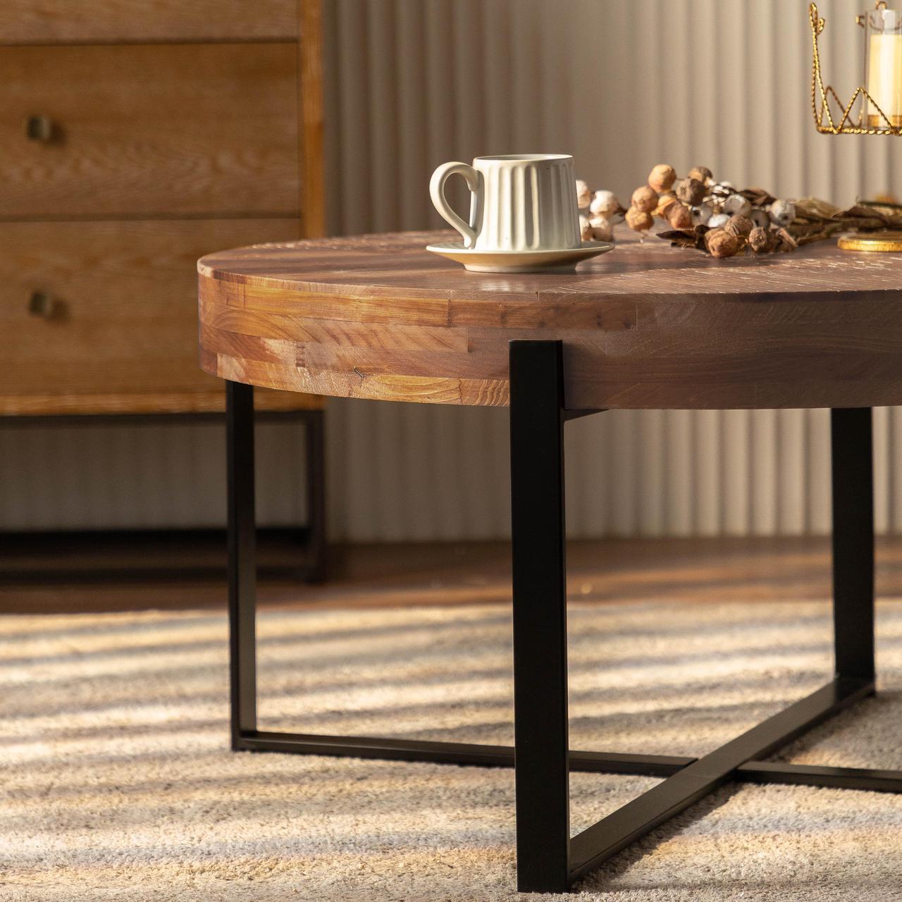 Alt view image 7 of 7 - 33.86"Modern Retro Splicing Round Coffee Table, Fir Wood Table Top with Black Cross Legs Base(Same SKU:W757127347)