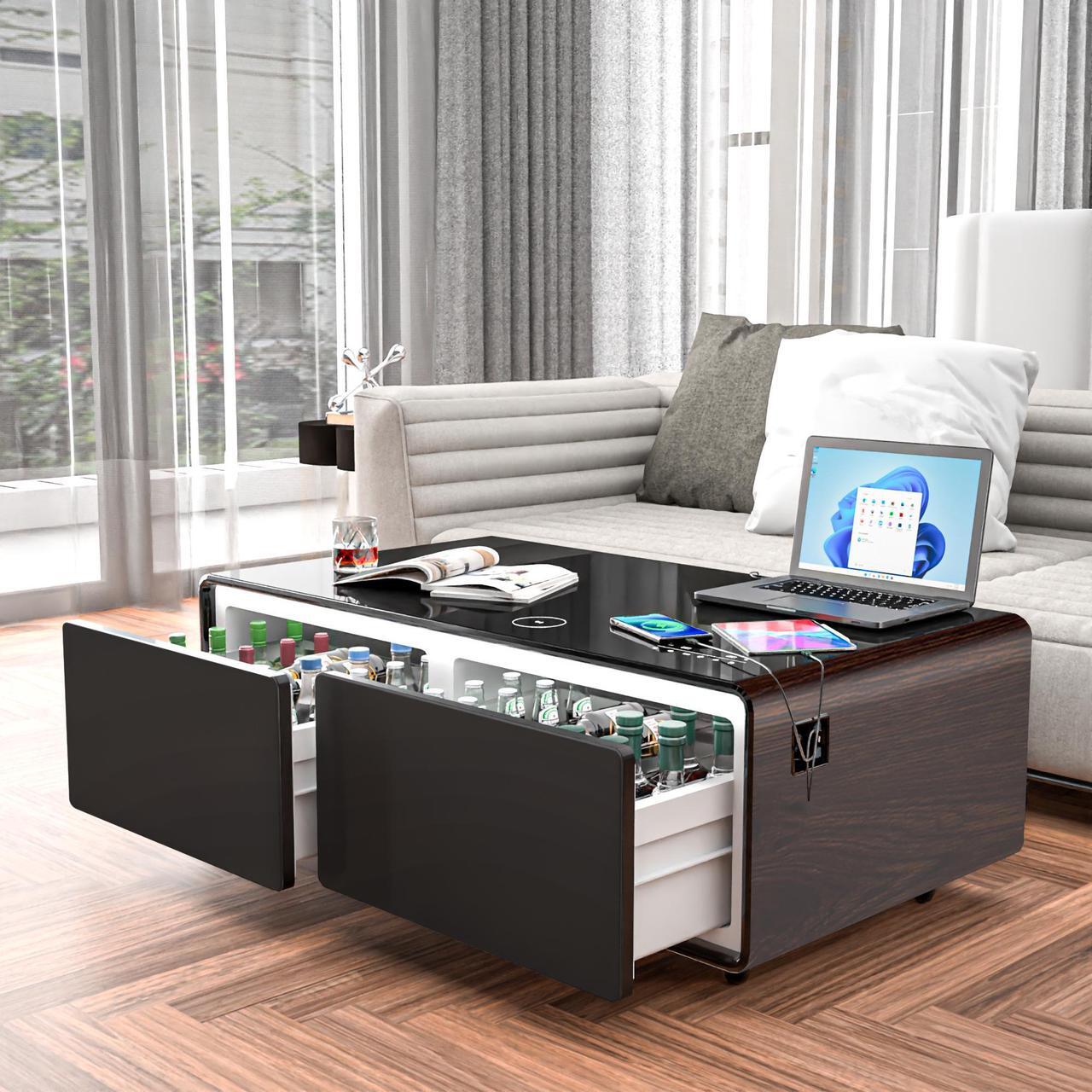 Alt view image 2 of 6 - Modern Smart Coffee Table with Built-in Fridge, Bluetooth Speaker, Wireless Charging Module, Touch Control Panel, Power Socket, USB Interface, Outlet Protection, Atmosphere light, and More, Brown
