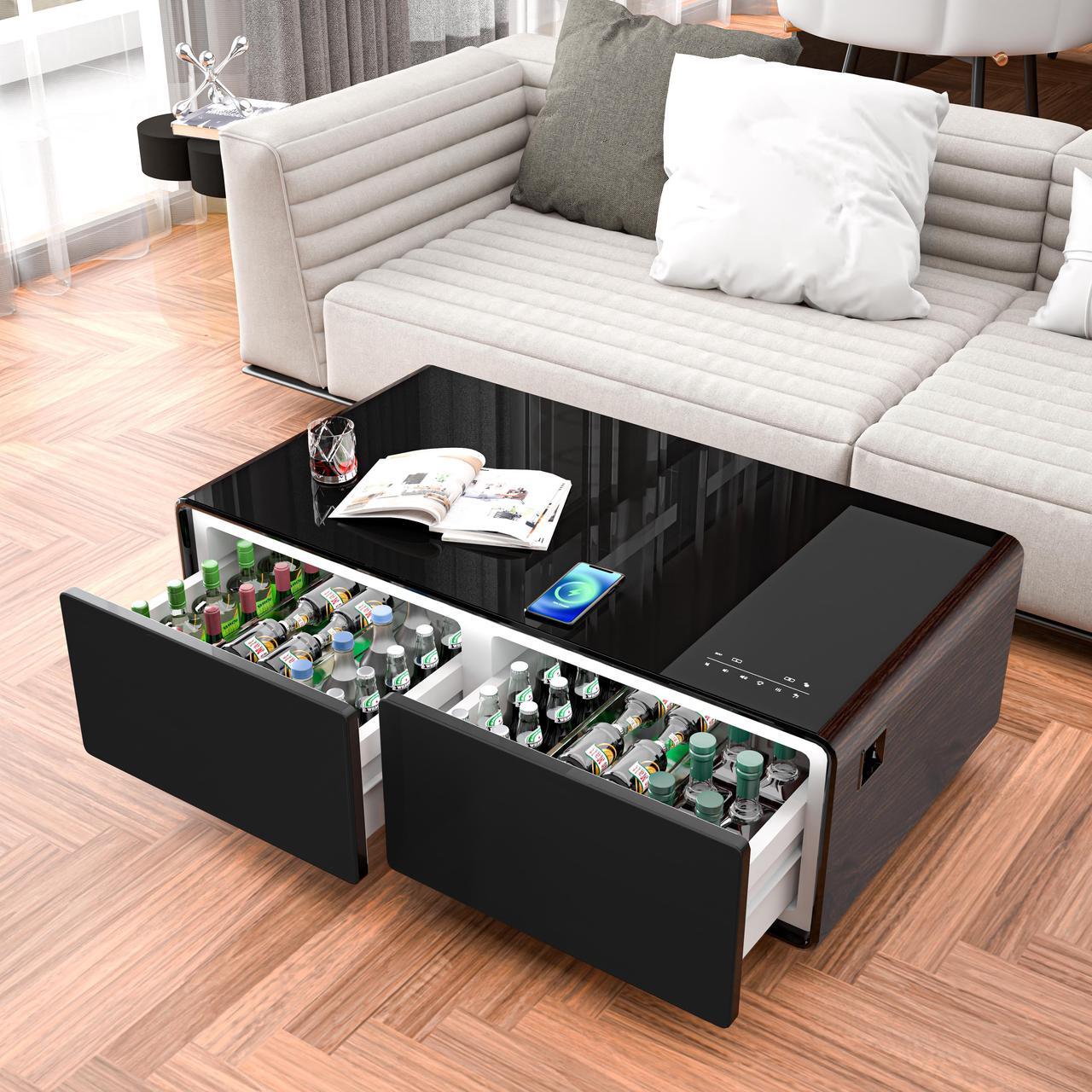Main image of Modern Smart Coffee Table with Built-in Fridge, Bluetooth Speaker, Wireless Charging Module, Touch Control Panel, Power Socket, USB Interface, Outlet Protection, Atmosphere light, and More, Brown