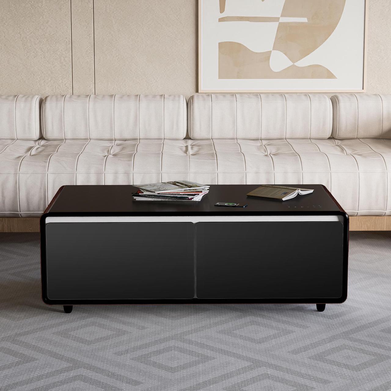 Alt view image 4 of 6 - Modern Smart Coffee Table with Built-in Fridge, Bluetooth Speaker, Wireless Charging Module, Touch Control Panel, Power Socket, USB Interface, Outlet Protection, Atmosphere light, and More, Brown