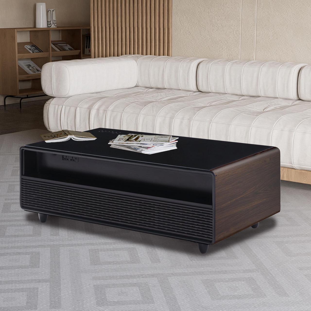 Alt view image 3 of 6 - Modern Smart Coffee Table with Built-in Fridge, Bluetooth Speaker, Wireless Charging Module, Touch Control Panel, Power Socket, USB Interface, Outlet Protection, Atmosphere light, and More, Brown