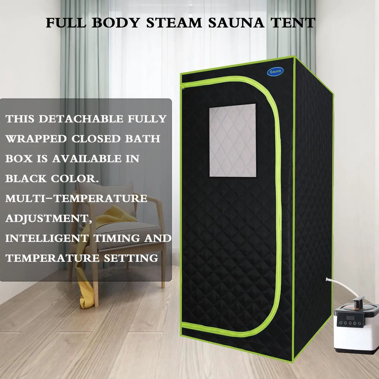 Main image of Portable Plus Type Full Size Steam Sauna tent. Spa, Detox ,Therapy and Relaxation at home.Larger Space,Stainless Steel Pipes Connector Easy to Install, with FCC Certification--Black(Green binding)