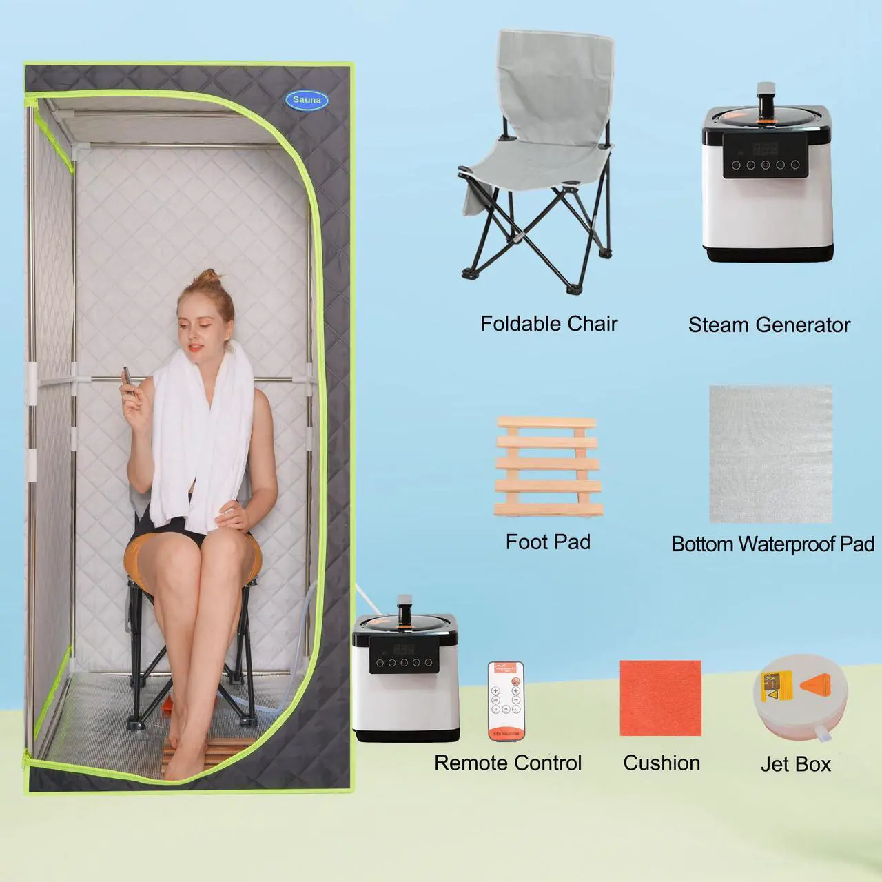 Alt view image 2 of 7 - Portable Plus Type Full Size Steam Sauna tent. Spa, Detox ,Therapy and Relaxation at home.Larger Space,Stainless Steel Pipes Connector Easy to Install, with FCC Certification--Black(Green binding)