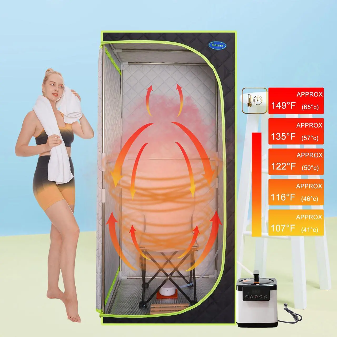 Alt view image 3 of 7 - Portable Plus Type Full Size Steam Sauna tent. Spa, Detox ,Therapy and Relaxation at home.Larger Space,Stainless Steel Pipes Connector Easy to Install, with FCC Certification--Black(Green binding)