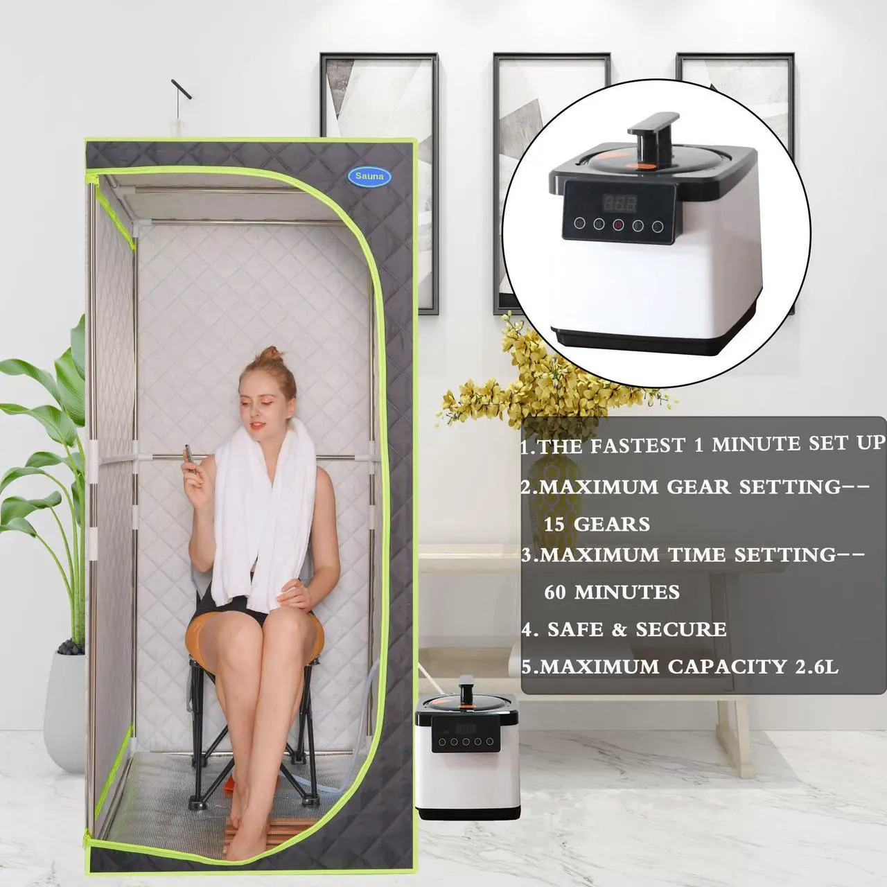 Alt view image 4 of 7 - Portable Plus Type Full Size Steam Sauna tent. Spa, Detox ,Therapy and Relaxation at home.Larger Space,Stainless Steel Pipes Connector Easy to Install, with FCC Certification--Black(Green binding)