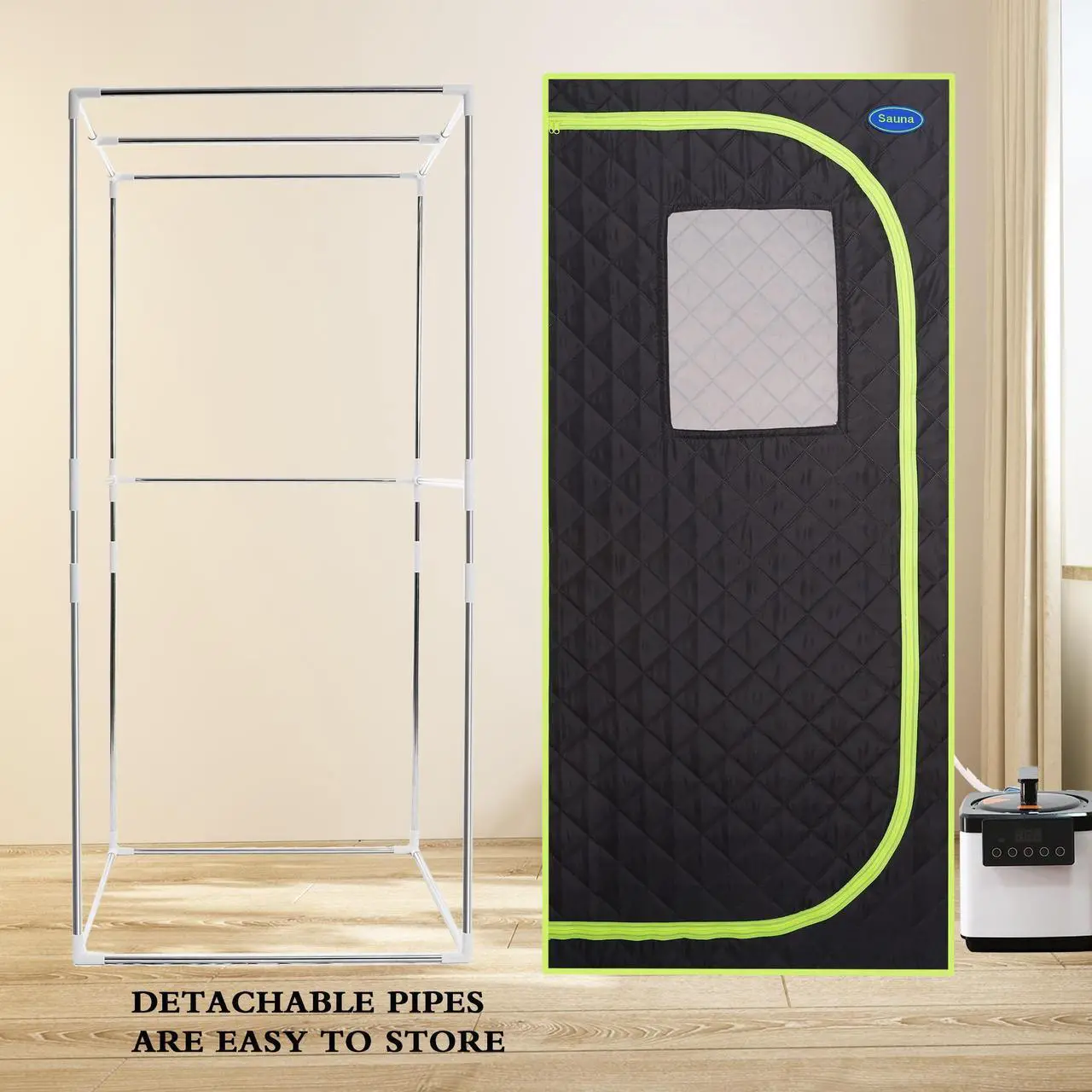 Alt view image 7 of 7 - Portable Plus Type Full Size Steam Sauna tent. Spa, Detox ,Therapy and Relaxation at home.Larger Space,Stainless Steel Pipes Connector Easy to Install, with FCC Certification--Black(Green binding)