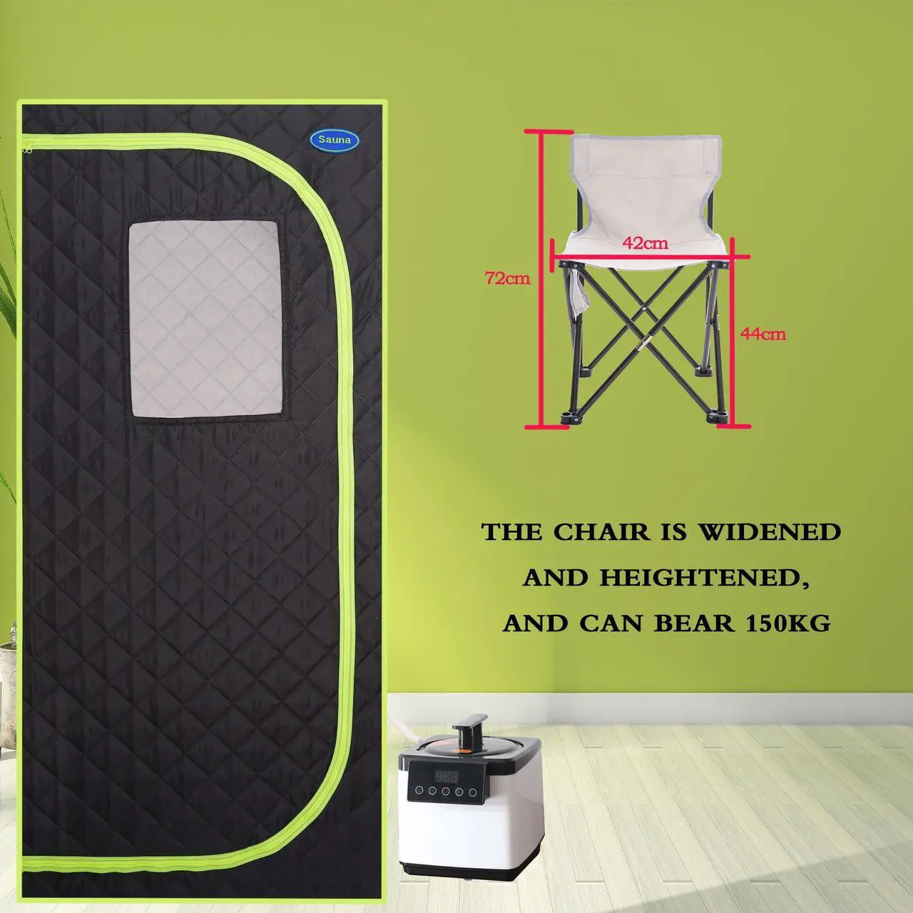 Alt view image 5 of 7 - Portable Plus Type Full Size Steam Sauna tent. Spa, Detox ,Therapy and Relaxation at home.Larger Space,Stainless Steel Pipes Connector Easy to Install, with FCC Certification--Black(Green binding)