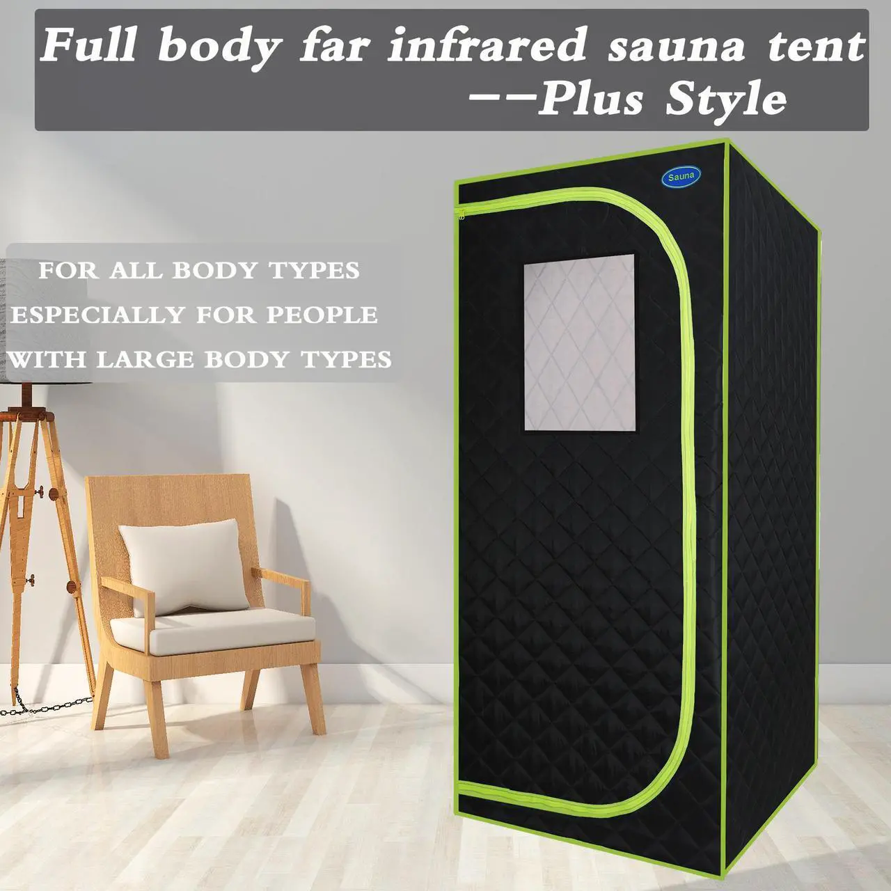 Main image of Portable Plus Type Full Size Far Infrared Sauna tent. Spa, Detox ,Therapy and Relaxation at home.Larger Space,Stainless Steel Pipes Connector Easy to Install, with FCC Certification--Black
