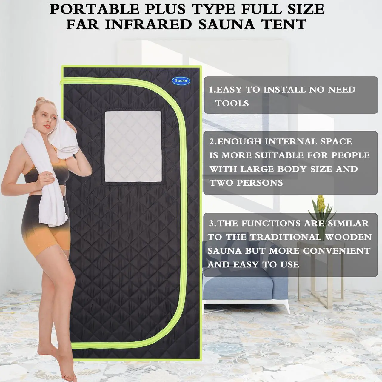Alt view image 5 of 7 - Portable Plus Type Full Size Far Infrared Sauna tent. Spa, Detox ,Therapy and Relaxation at home.Larger Space,Stainless Steel Pipes Connector Easy to Install, with FCC Certification--Black
