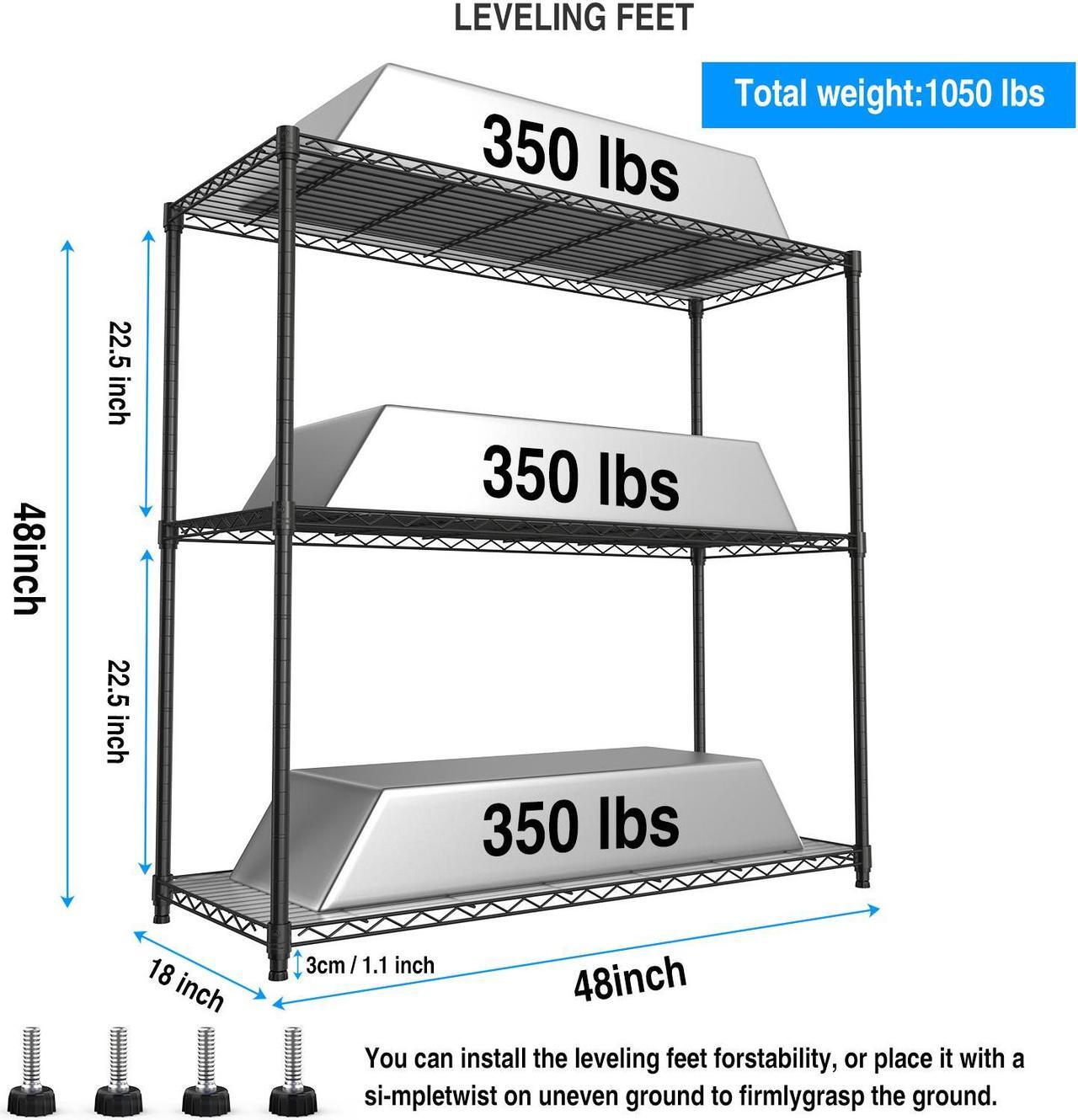 Alt view image 5 of 7 - 3 Tier Wire Shelving Unit, 1050 LBS NSF Height Adjustable Metal Garage Storage Shelves, Heavy Duty Storage Wire Rack Metal Shelves - Black