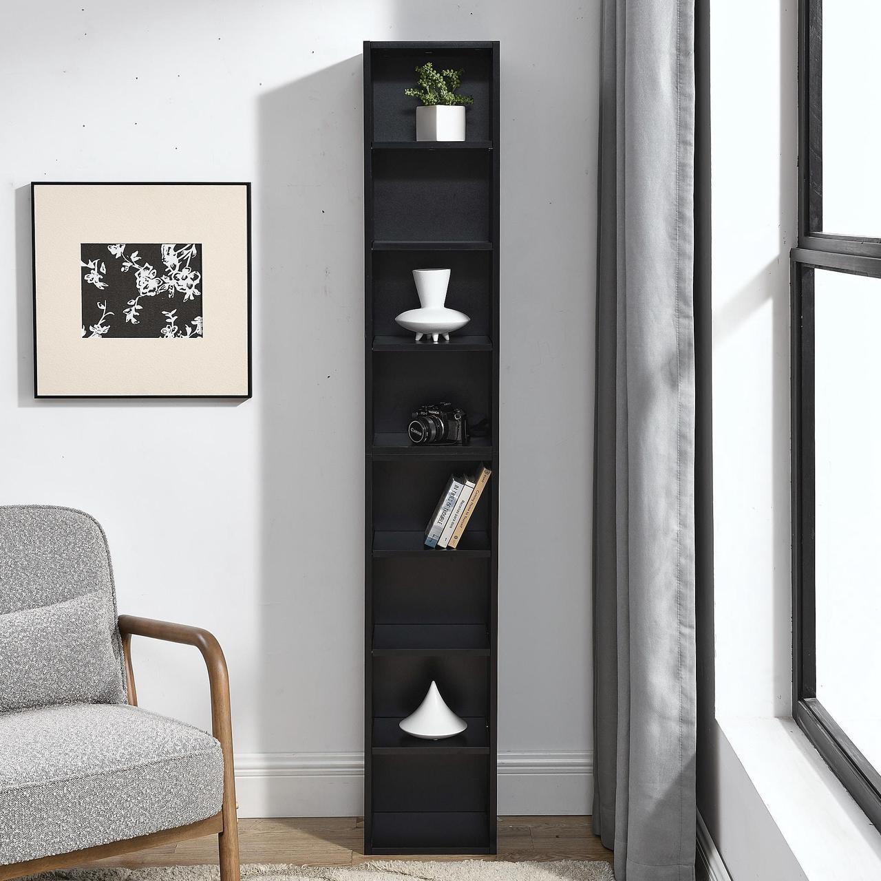 Alt view image 6 of 7 - 8-Tier Media Tower Rack, CD DVD Slim Storage Cabinet with Adjustable Shelves, Tall Narrow Bookcase Display Bookshelf for Home Office,Multi-functional double-decker bookcase