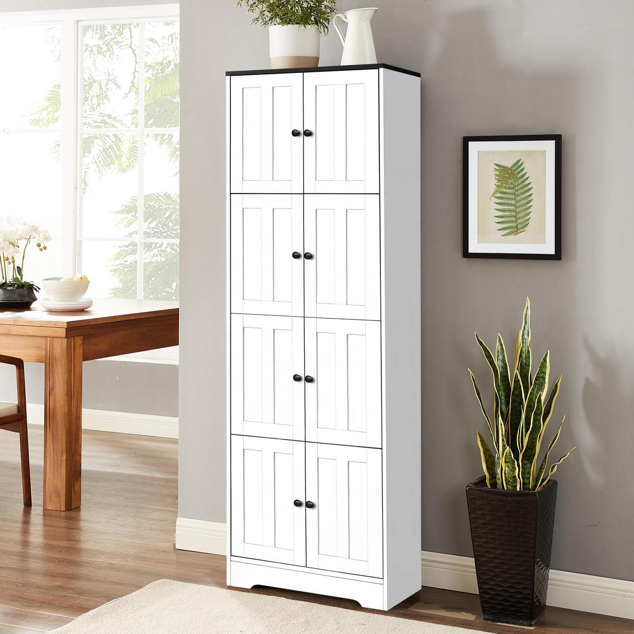 Alt view image 2 of 7 - Tall Storage Cabinet with 8 Doors and 4 Shelves, Wall Storage Cabinet for Living Room, Kitchen, Office, Bedroom, Bathroom, White
