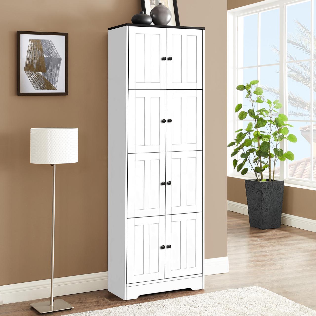 Main image of Tall Storage Cabinet with 8 Doors and 4 Shelves, Wall Storage Cabinet for Living Room, Kitchen, Office, Bedroom, Bathroom, White