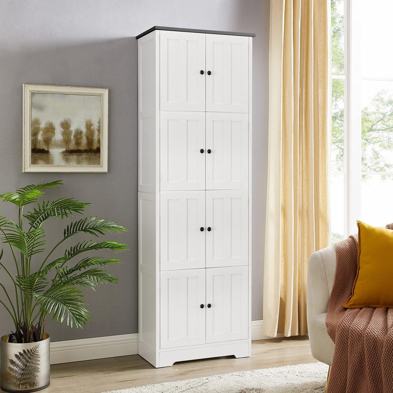 Alt view image 5 of 7 - Tall Storage Cabinet with 8 Doors and 4 Shelves, Wall Storage Cabinet for Living Room, Kitchen, Office, Bedroom, Bathroom, White