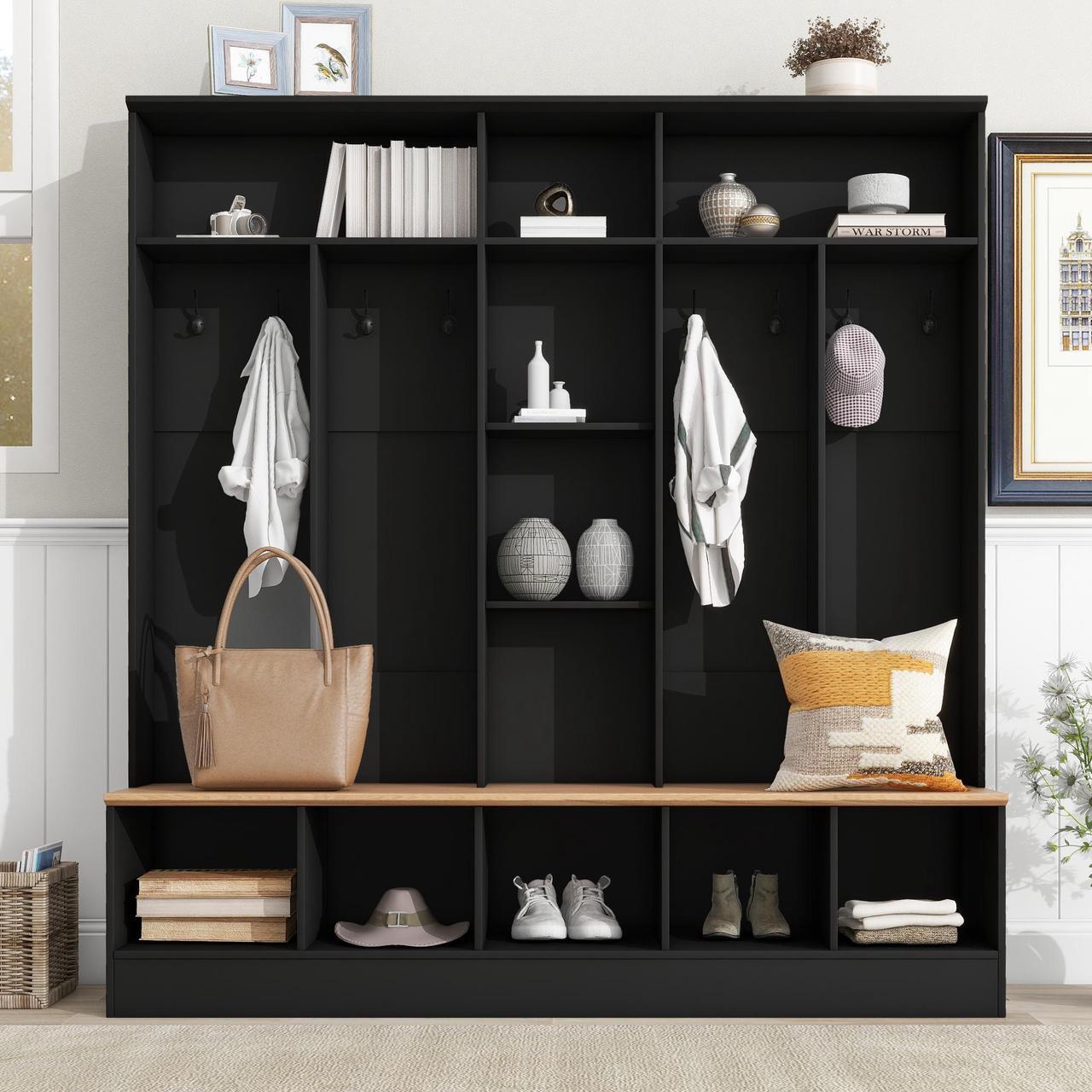 Alt view image 2 of 7 - ON-TREND Wide Design Hall Tree with Storage Bench, Minimalist Shoe Cabinet with Cube Storage & Shelves, Multifunctional Coat Rack with 8 Hooks for Entryways, Mudroom, Black