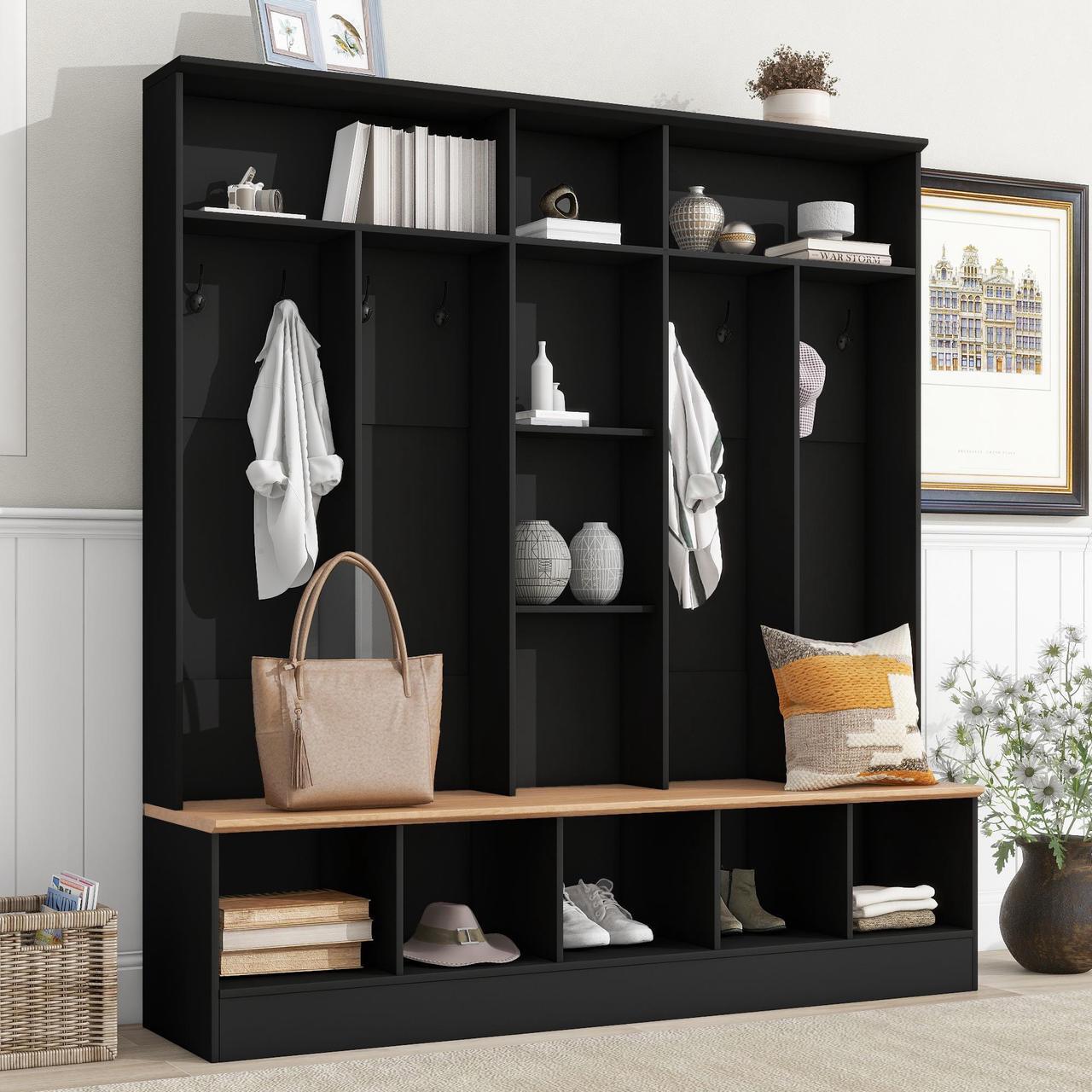 Main image of ON-TREND Wide Design Hall Tree with Storage Bench, Minimalist Shoe Cabinet with Cube Storage & Shelves, Multifunctional Coat Rack with 8 Hooks for Entryways, Mudroom, Black