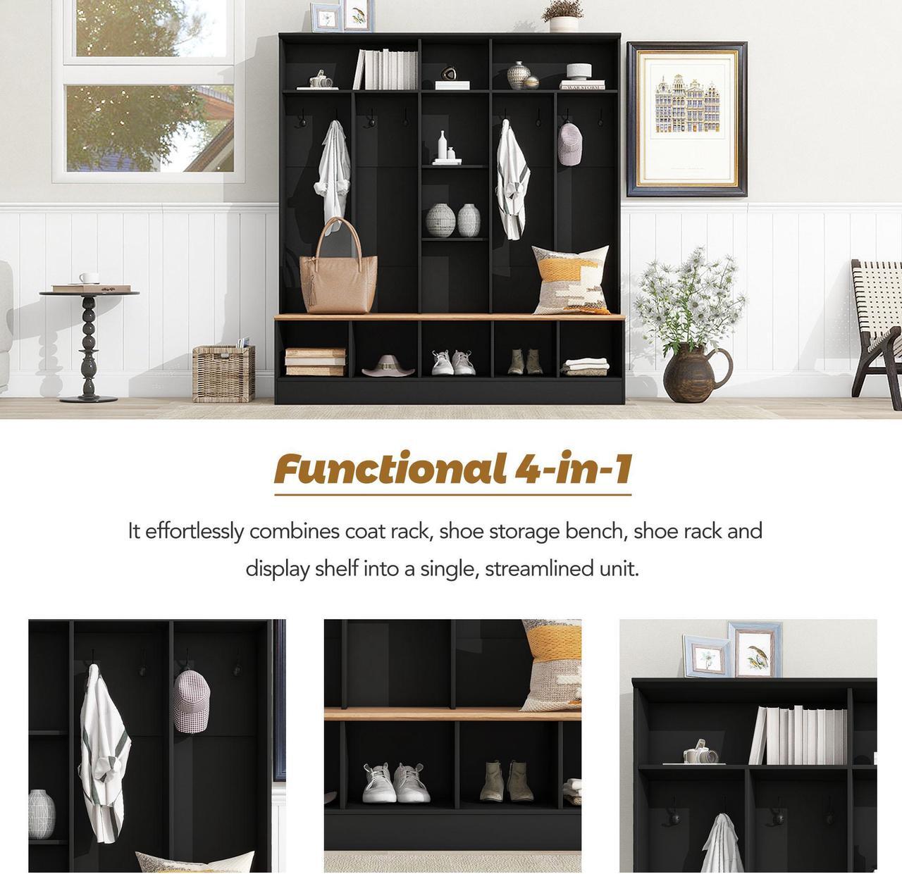 Alt view image 4 of 7 - ON-TREND Wide Design Hall Tree with Storage Bench, Minimalist Shoe Cabinet with Cube Storage & Shelves, Multifunctional Coat Rack with 8 Hooks for Entryways, Mudroom, Black