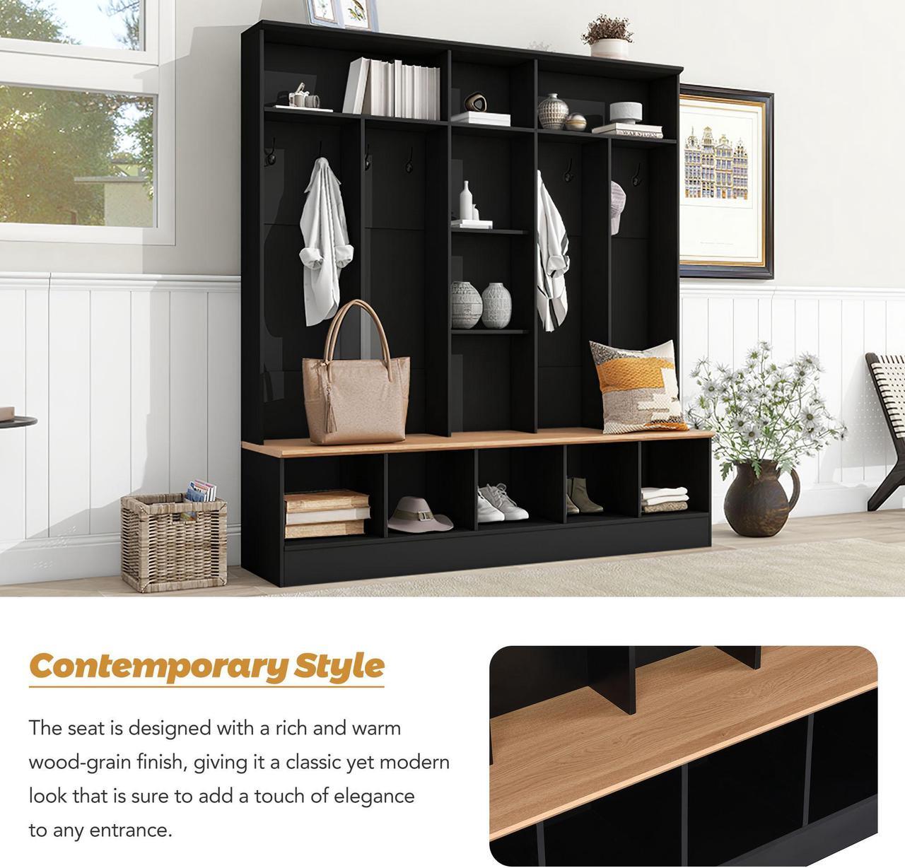 Alt view image 3 of 7 - ON-TREND Wide Design Hall Tree with Storage Bench, Minimalist Shoe Cabinet with Cube Storage & Shelves, Multifunctional Coat Rack with 8 Hooks for Entryways, Mudroom, Black