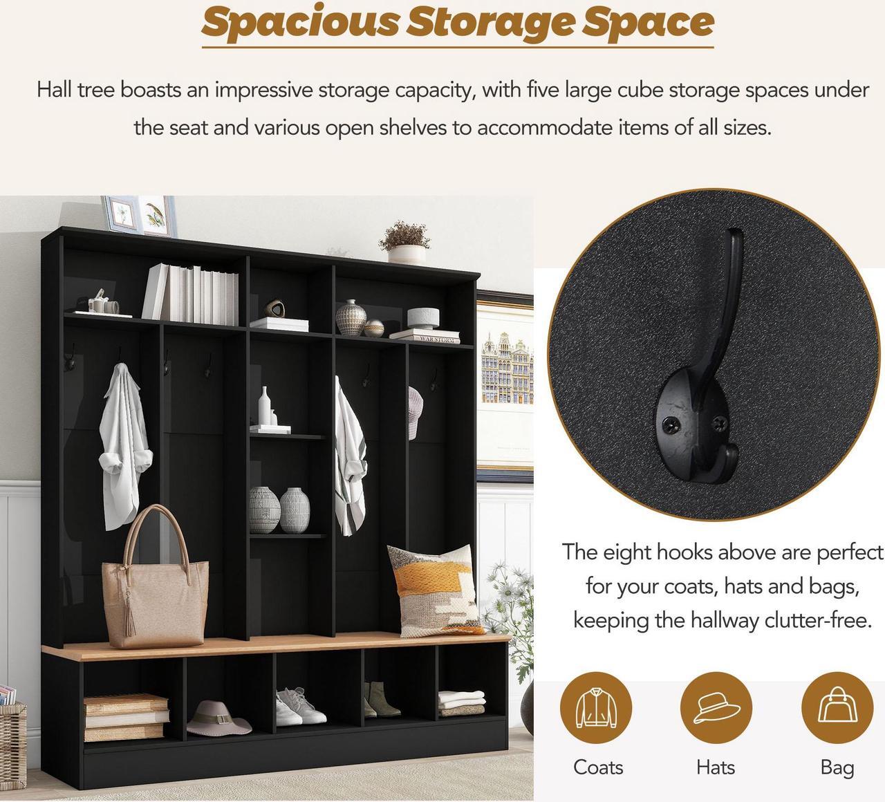 Alt view image 5 of 7 - ON-TREND Wide Design Hall Tree with Storage Bench, Minimalist Shoe Cabinet with Cube Storage & Shelves, Multifunctional Coat Rack with 8 Hooks for Entryways, Mudroom, Black