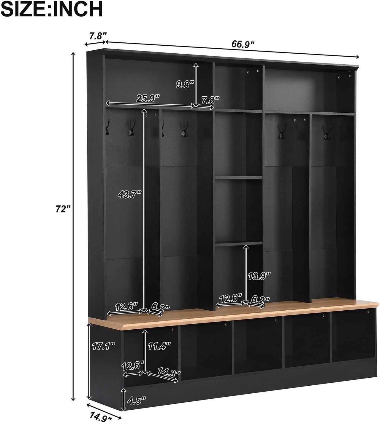Alt view image 7 of 7 - ON-TREND Wide Design Hall Tree with Storage Bench, Minimalist Shoe Cabinet with Cube Storage & Shelves, Multifunctional Coat Rack with 8 Hooks for Entryways, Mudroom, Black