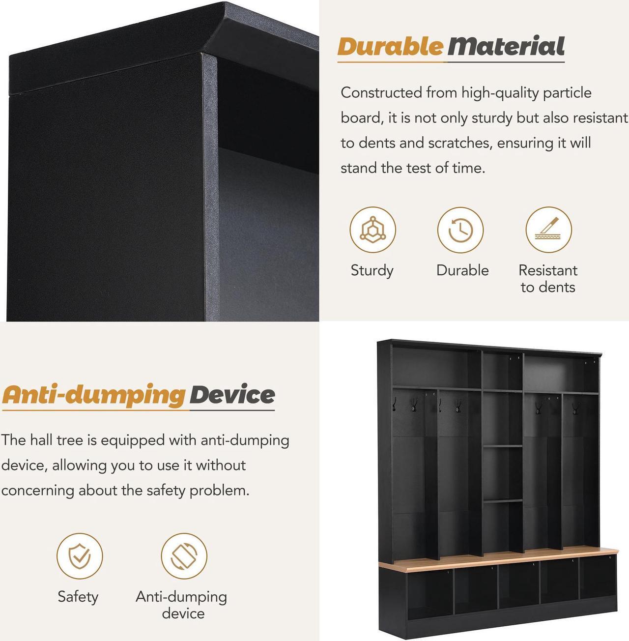 Alt view image 6 of 7 - ON-TREND Wide Design Hall Tree with Storage Bench, Minimalist Shoe Cabinet with Cube Storage & Shelves, Multifunctional Coat Rack with 8 Hooks for Entryways, Mudroom, Black
