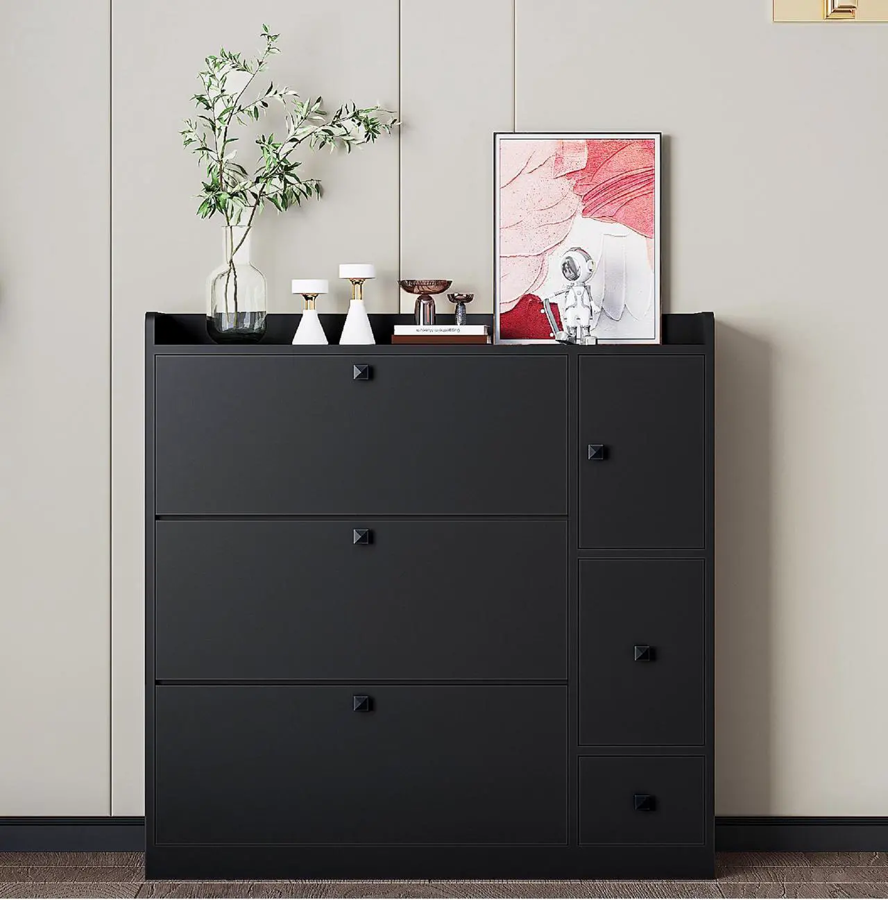 Alt view image 2 of 7 - ON-TREND Versatile Shoe Cabinet with 3 Flip Drawers, Maximum Storage Entryway Organizer with Drawer, Free Standing Shoe Rack with Pull-down Seat for Hallway, Black