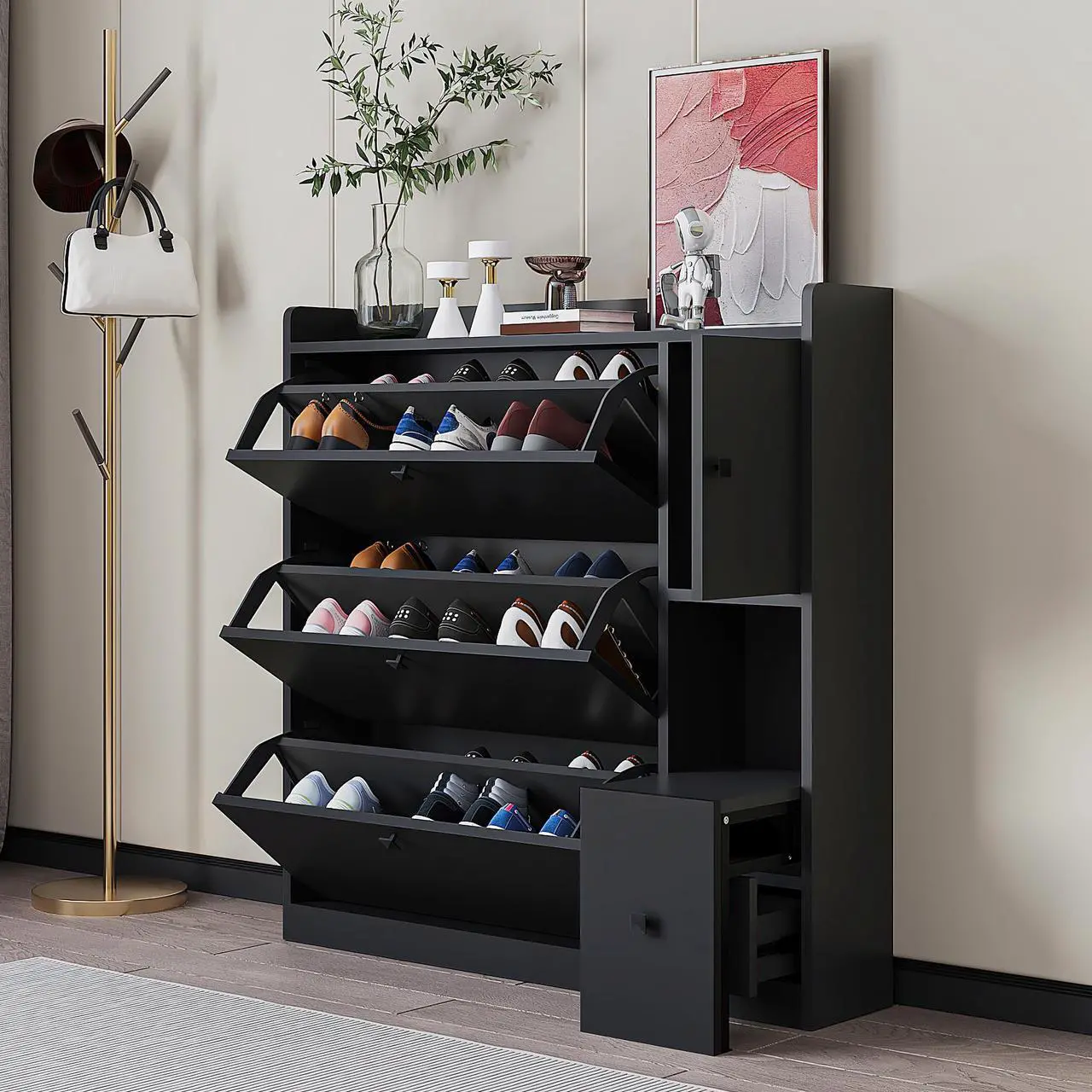 Main image of ON-TREND Versatile Shoe Cabinet with 3 Flip Drawers, Maximum Storage Entryway Organizer with Drawer, Free Standing Shoe Rack with Pull-down Seat for Hallway, Black