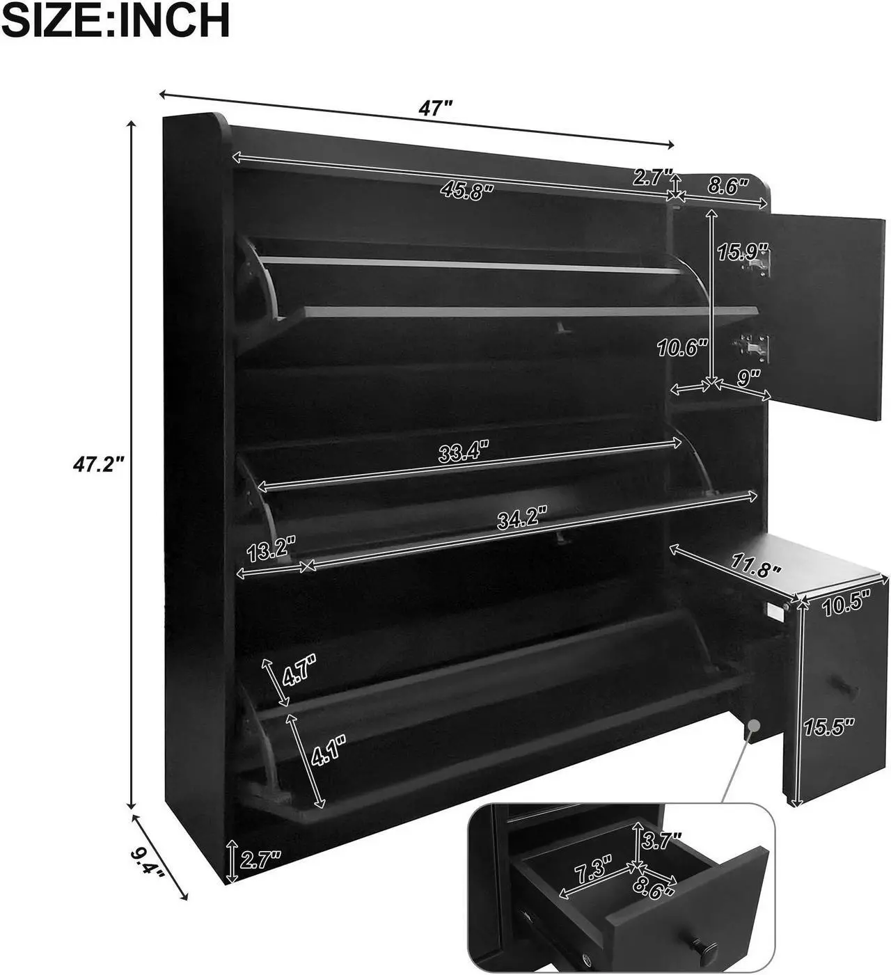 Alt view image 7 of 7 - ON-TREND Versatile Shoe Cabinet with 3 Flip Drawers, Maximum Storage Entryway Organizer with Drawer, Free Standing Shoe Rack with Pull-down Seat for Hallway, Black