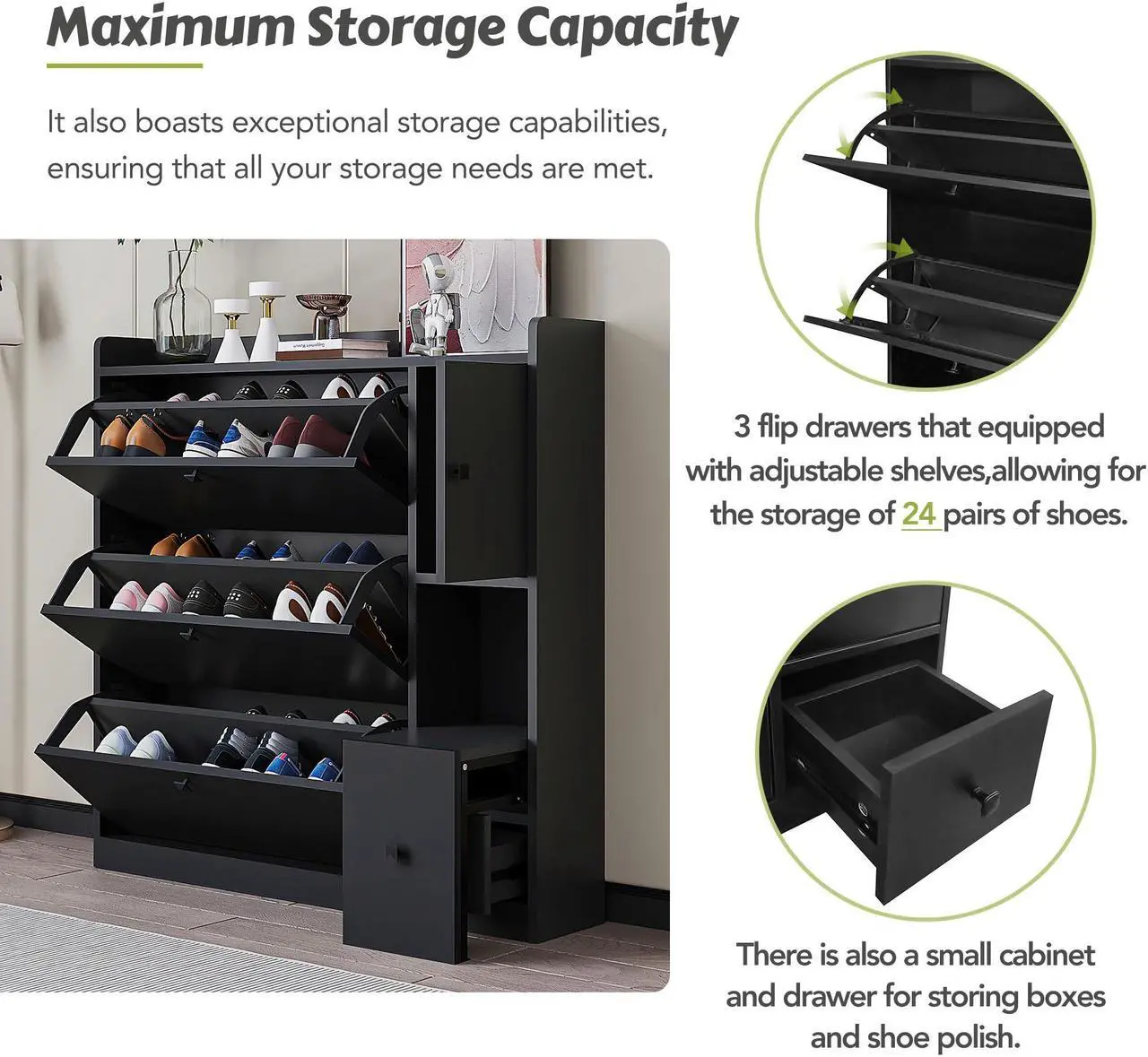 Alt view image 5 of 7 - ON-TREND Versatile Shoe Cabinet with 3 Flip Drawers, Maximum Storage Entryway Organizer with Drawer, Free Standing Shoe Rack with Pull-down Seat for Hallway, Black