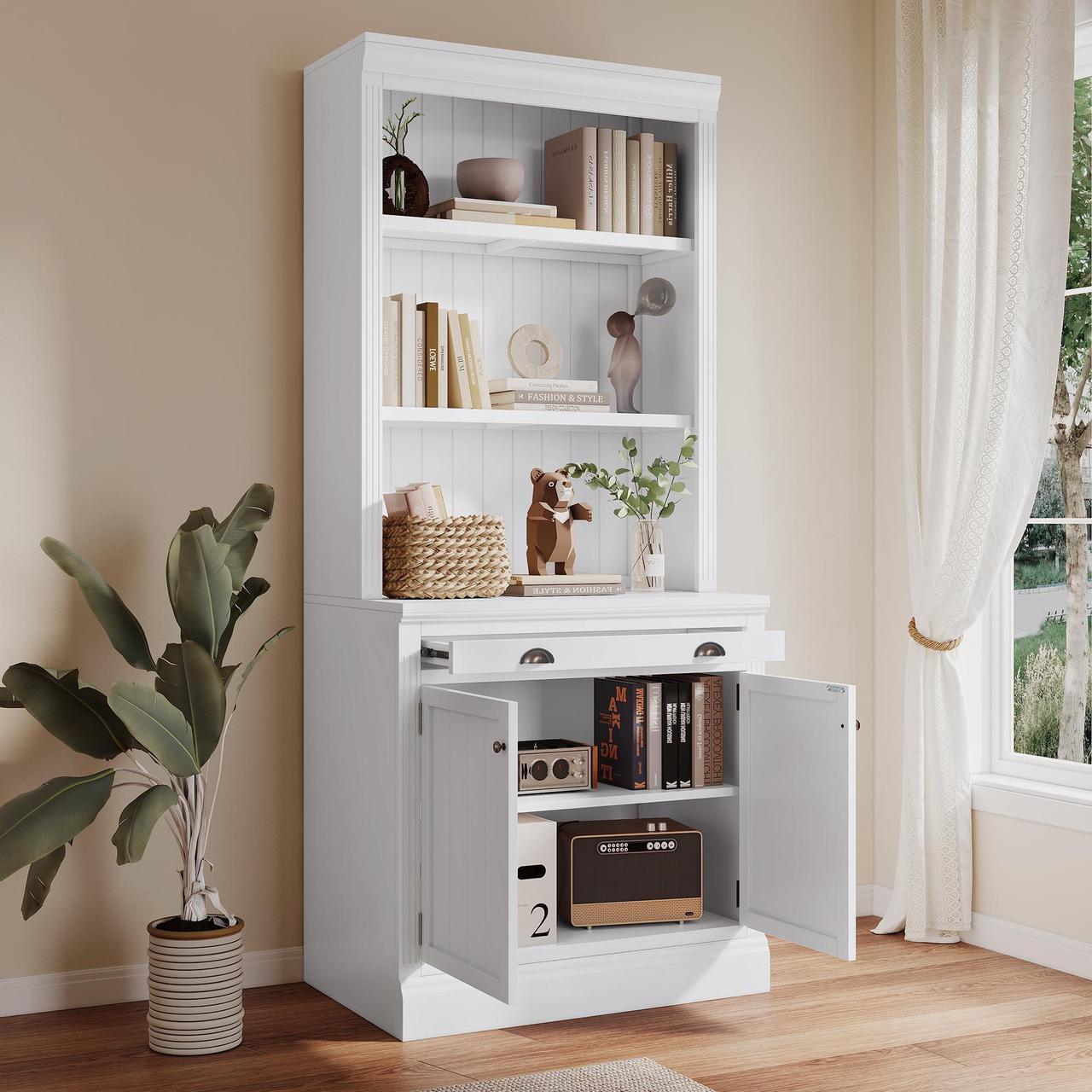 Alt view image 2 of 7 - 83.4"Tall Bookshelf with LED Lighting, Modern Bookcase with 2 Doors and 1 Drawer,Storage Bookcase with Open Shelves for Living Room,Home Office,White