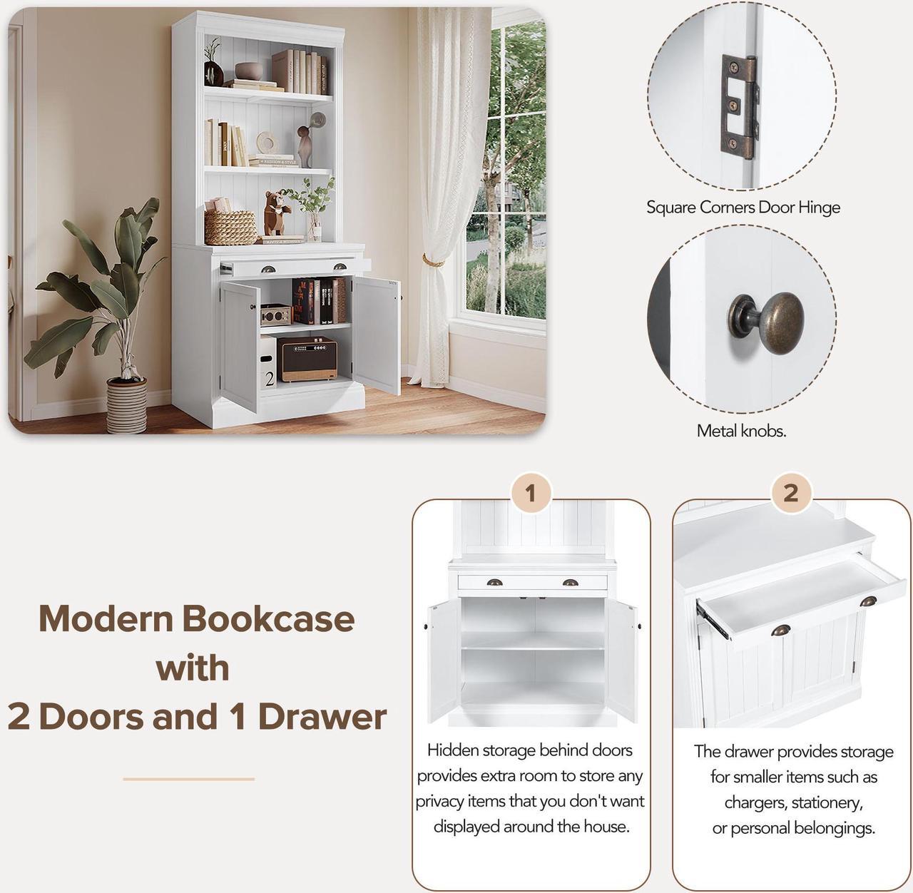 Alt view image 6 of 7 - 83.4"Tall Bookshelf with LED Lighting, Modern Bookcase with 2 Doors and 1 Drawer,Storage Bookcase with Open Shelves for Living Room,Home Office,White