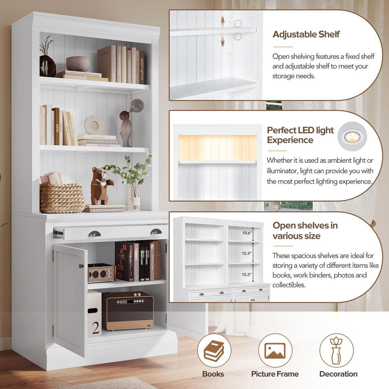 Alt view image 4 of 7 - 83.4"Tall Bookshelf with LED Lighting, Modern Bookcase with 2 Doors and 1 Drawer,Storage Bookcase with Open Shelves for Living Room,Home Office,White