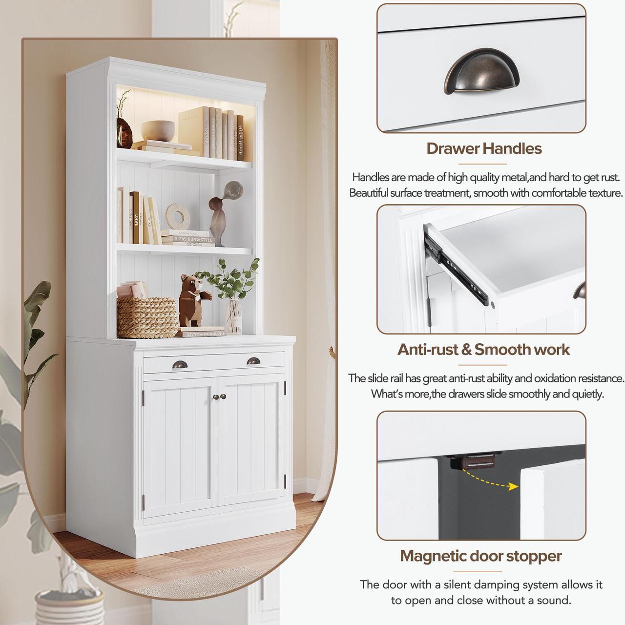 Alt view image 5 of 7 - 83.4"Tall Bookshelf with LED Lighting, Modern Bookcase with 2 Doors and 1 Drawer,Storage Bookcase with Open Shelves for Living Room,Home Office,White