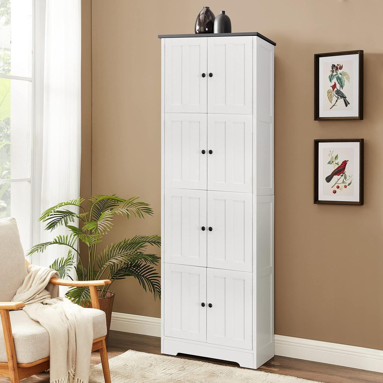 Alt view image 4 of 7 - Tall Storage Cabinet with 8 Doors and 4 Shelves, Wall Storage Cabinet for Living Room, Kitchen, Office, Bedroom, Bathroom, White
