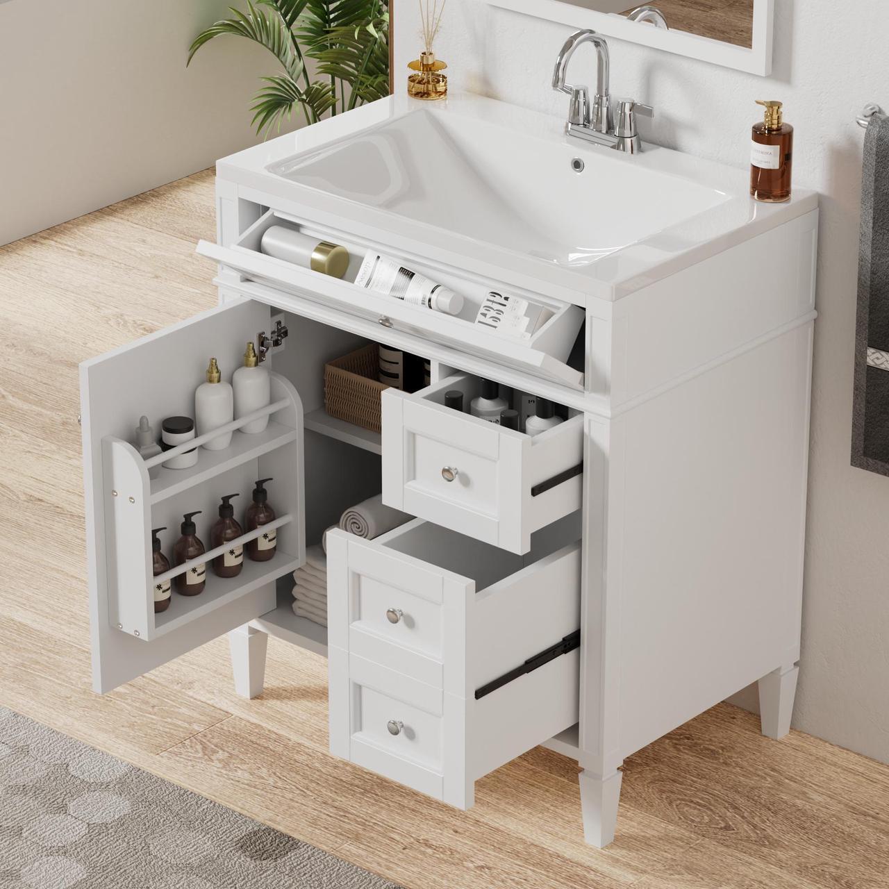 Main image of 30'' Bathroom Vanity with Top Sink, Modern Bathroom Storage Cabinet with 2 Drawers and a Tip-out Drawer, Single Sink Bathroom Vanity