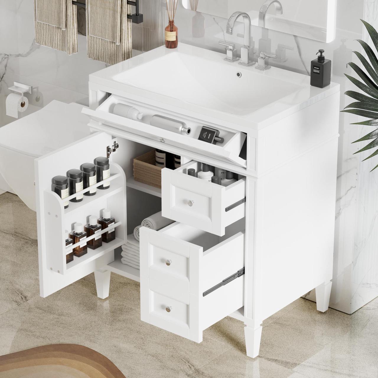 Alt view image 3 of 7 - 30'' Bathroom Vanity with Top Sink, Modern Bathroom Storage Cabinet with 2 Drawers and a Tip-out Drawer, Single Sink Bathroom Vanity
