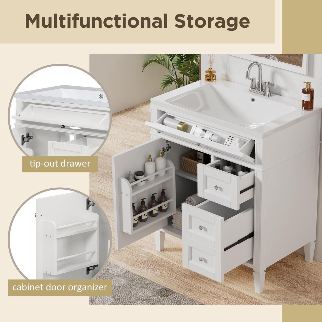 Alt view image 5 of 7 - 30'' Bathroom Vanity with Top Sink, Modern Bathroom Storage Cabinet with 2 Drawers and a Tip-out Drawer, Single Sink Bathroom Vanity