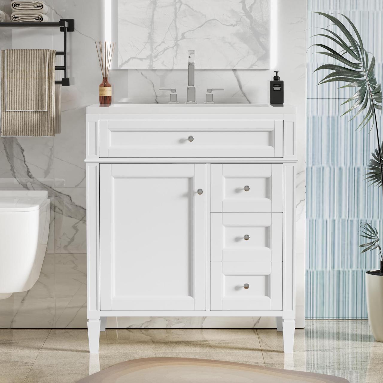 Alt view image 4 of 7 - 30'' Bathroom Vanity with Top Sink, Modern Bathroom Storage Cabinet with 2 Drawers and a Tip-out Drawer, Single Sink Bathroom Vanity