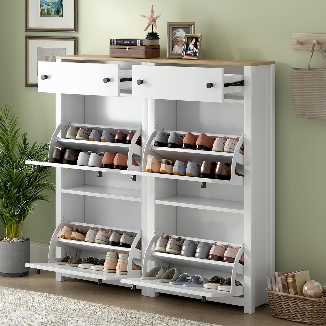Main image of ON-TREND Slim Shoe Cabinet Set with 4 Flip Drawers, Wood Grain Pattern Top Shoe Storage Solution with Adjustable Panel, Modern Style Shoe Rack with Drawers for Hallway, White